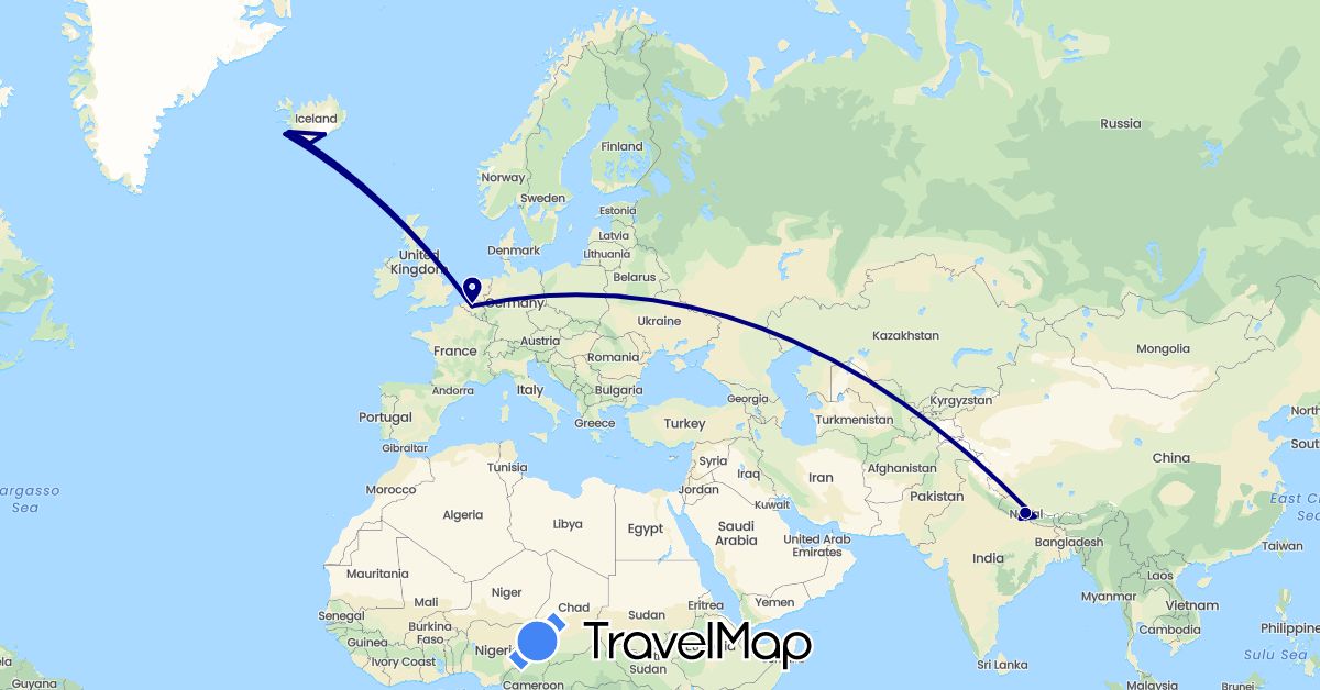 TravelMap itinerary: driving in Belgium, Iceland, Nepal (Asia, Europe)