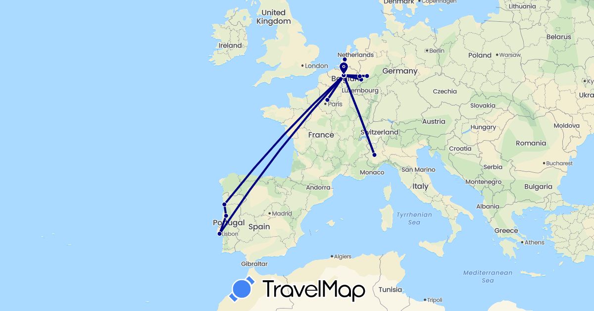 TravelMap itinerary: driving in Belgium, Germany, France, Italy, Netherlands, Portugal (Europe)