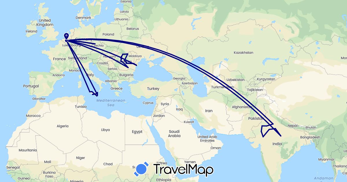TravelMap itinerary: driving in Belgium, Czech Republic, India, Italy, Netherlands, Romania (Asia, Europe)