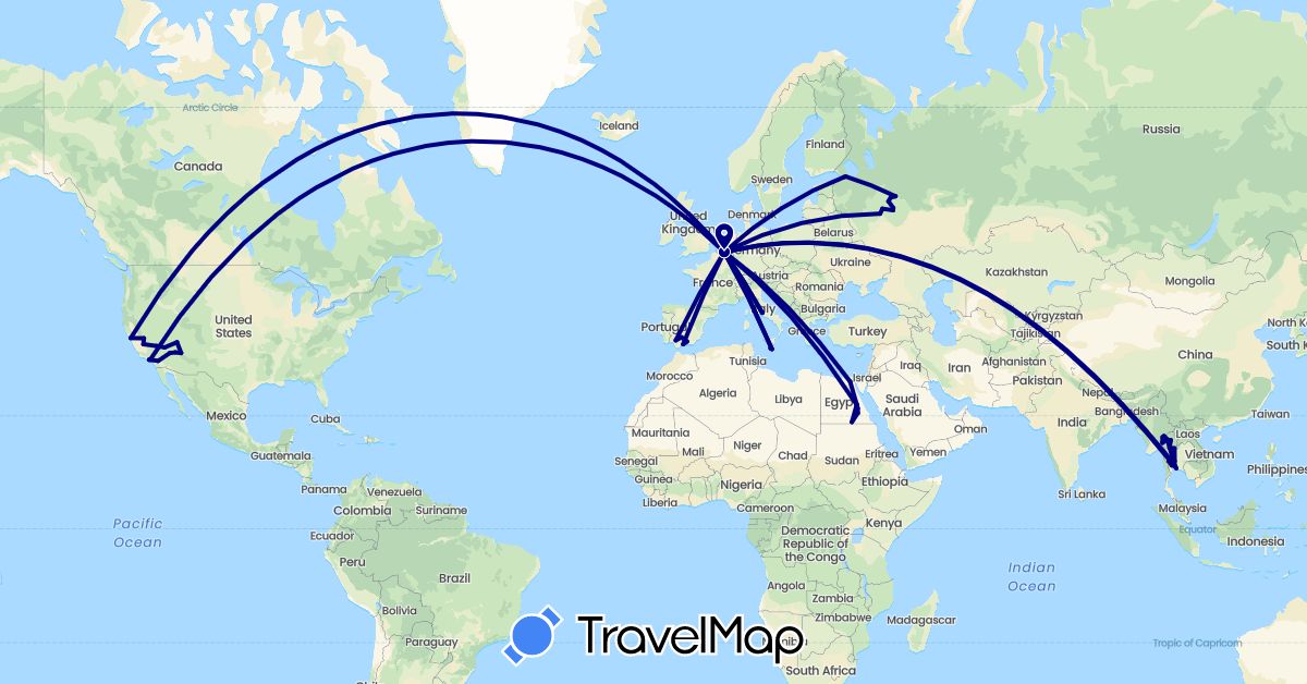 TravelMap itinerary: driving in Belgium, Egypt, Spain, Italy, Malta, Russia, Thailand, United States (Africa, Asia, Europe, North America)