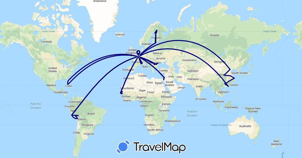 TravelMap itinerary: driving in Belgium, China, Finland, Italy, Jordan, Peru, Romania, Senegal, United States (Africa, Asia, Europe, North America, South America)