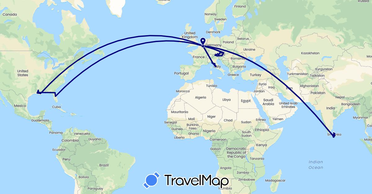 TravelMap itinerary: driving in Austria, Belgium, Italy, Sri Lanka, United States (Asia, Europe, North America)